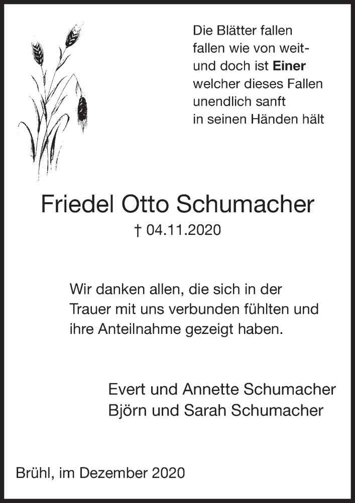  Traueranzeige für Friedel Otto Schumacher vom 11.12.2020 aus  Schlossbote/Werbekurier 