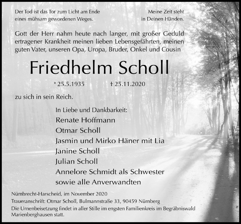  Traueranzeige für Friedhelm Scholl vom 04.12.2020 aus  Lokalanzeiger 