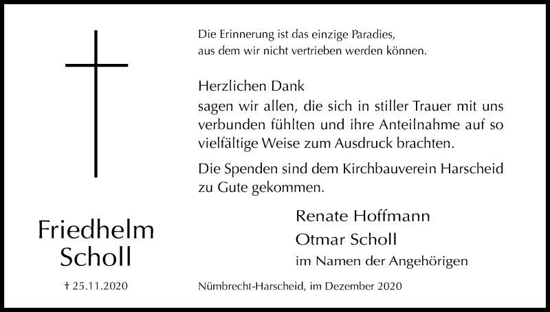  Traueranzeige für Friedhelm Scholl vom 19.12.2020 aus Kölner Stadt-Anzeiger / Kölnische Rundschau / Express