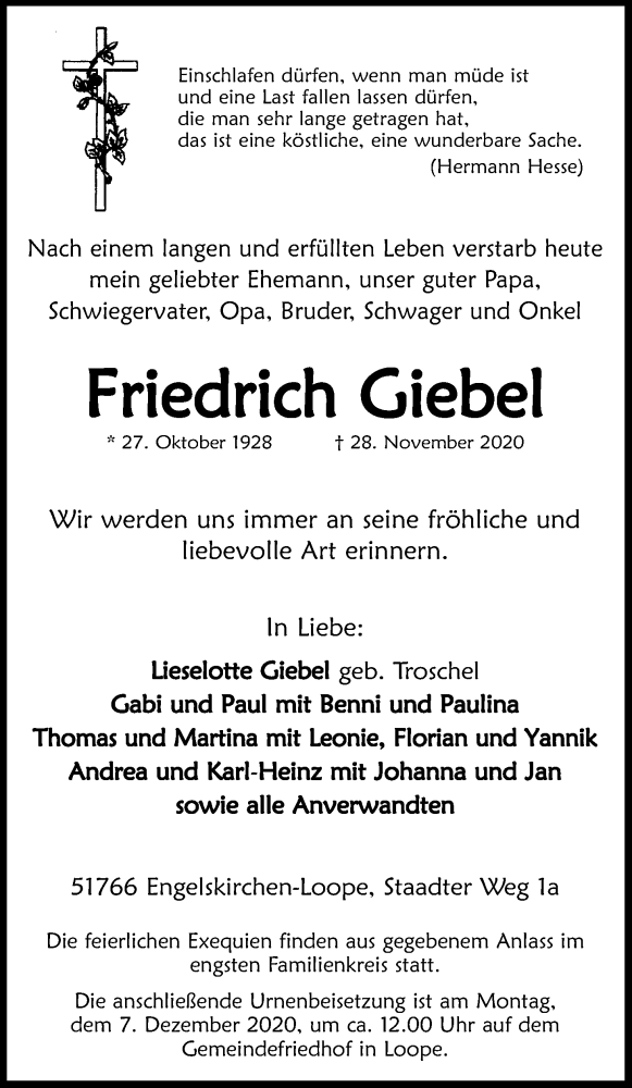  Traueranzeige für Friedrich Giebel vom 02.12.2020 aus Kölner Stadt-Anzeiger / Kölnische Rundschau / Express