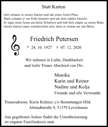 Anzeige von Friedrich Petersen von Kölner Stadt-Anzeiger / Kölnische Rundschau / Express