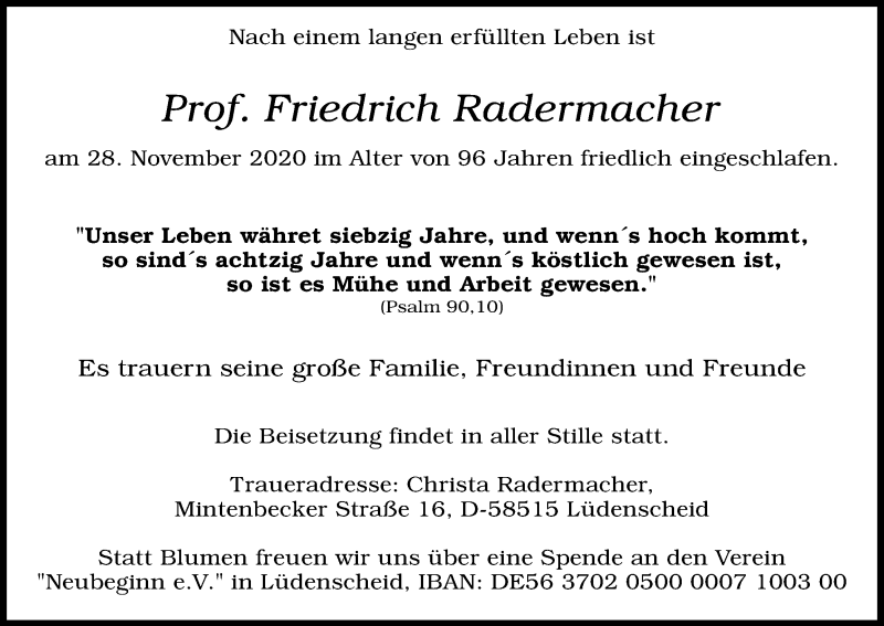  Traueranzeige für Friedrich Radermacher vom 05.12.2020 aus Kölner Stadt-Anzeiger / Kölnische Rundschau / Express