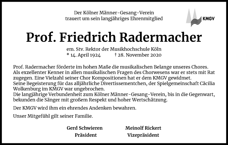  Traueranzeige für Friedrich Radermacher vom 12.12.2020 aus Kölner Stadt-Anzeiger / Kölnische Rundschau / Express