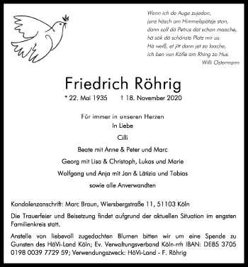 Anzeige von Friedrich Röhrig von Kölner Stadt-Anzeiger / Kölnische Rundschau / Express