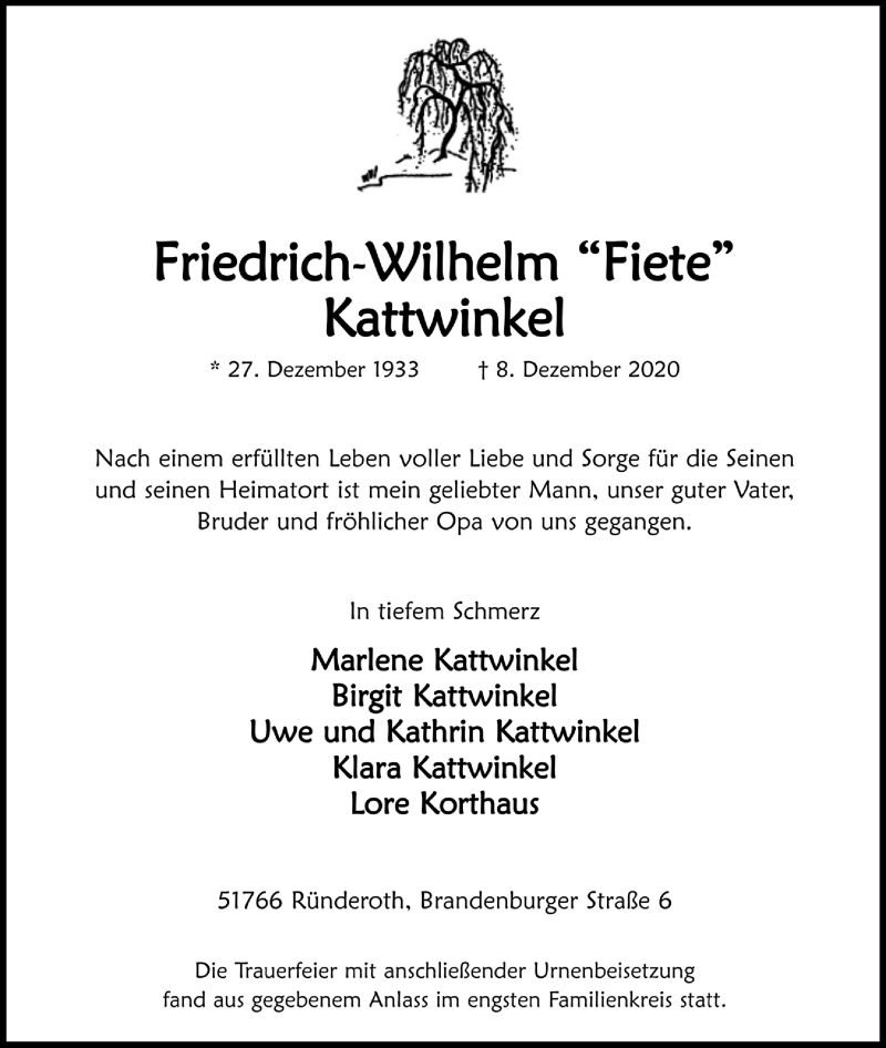  Traueranzeige für Friedrich-Wilhelm Kattwinkel vom 18.12.2020 aus  Anzeigen Echo 