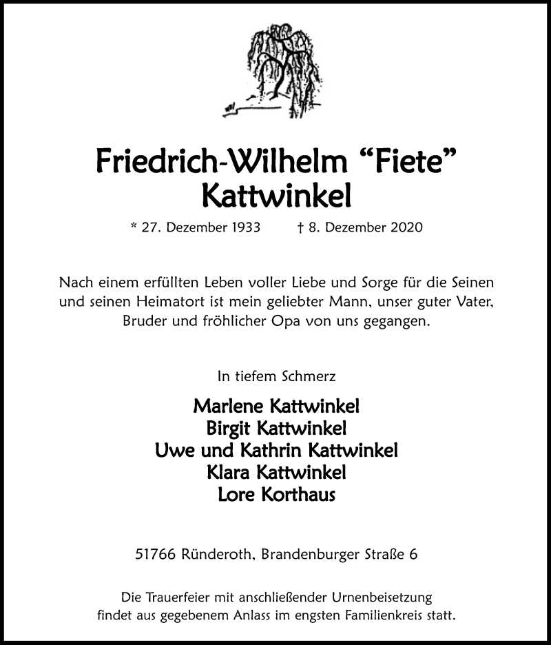  Traueranzeige für Friedrich-Wilhelm Kattwinkel vom 12.12.2020 aus Kölner Stadt-Anzeiger / Kölnische Rundschau / Express
