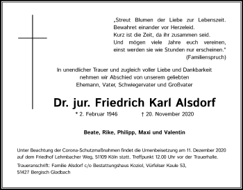 Anzeige von Friedrich Karl Alsdorf von Kölner Stadt-Anzeiger / Kölnische Rundschau / Express