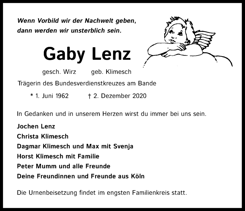  Traueranzeige für Gaby Lenz vom 19.12.2020 aus Kölner Stadt-Anzeiger / Kölnische Rundschau / Express