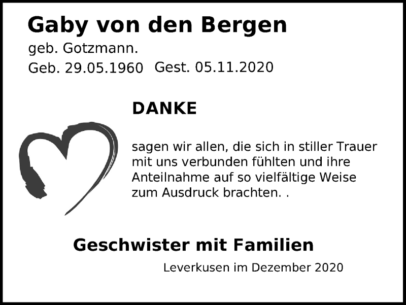 Traueranzeige für Gaby von den Bergen vom 22.12.2020 aus Kölner Stadt-Anzeiger / Kölnische Rundschau / Express