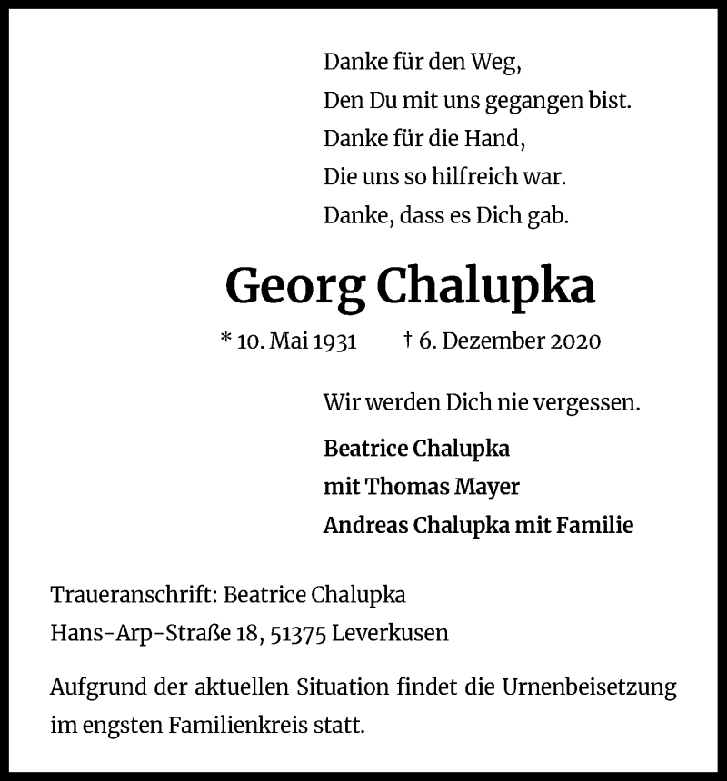  Traueranzeige für Georg Chalupka vom 19.12.2020 aus Kölner Stadt-Anzeiger / Kölnische Rundschau / Express