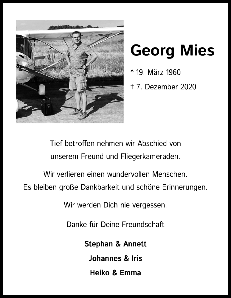  Traueranzeige für Georg Mies vom 19.12.2020 aus Kölner Stadt-Anzeiger / Kölnische Rundschau / Express