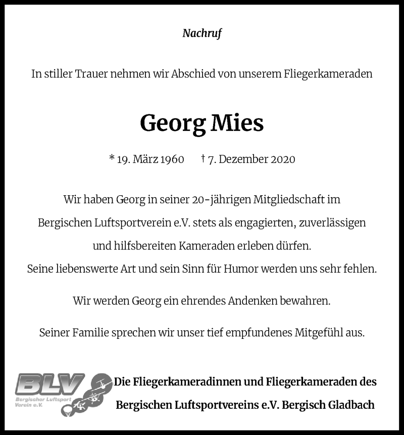  Traueranzeige für Georg Mies vom 19.12.2020 aus Kölner Stadt-Anzeiger / Kölnische Rundschau / Express