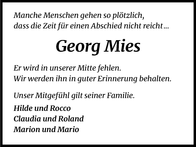  Traueranzeige für Georg Mies vom 19.12.2020 aus Kölner Stadt-Anzeiger / Kölnische Rundschau / Express