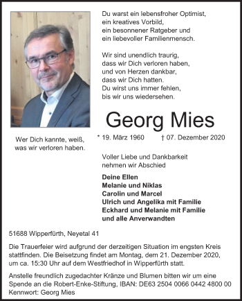 Anzeige von Georg Mies von Kölner Stadt-Anzeiger / Kölnische Rundschau / Express