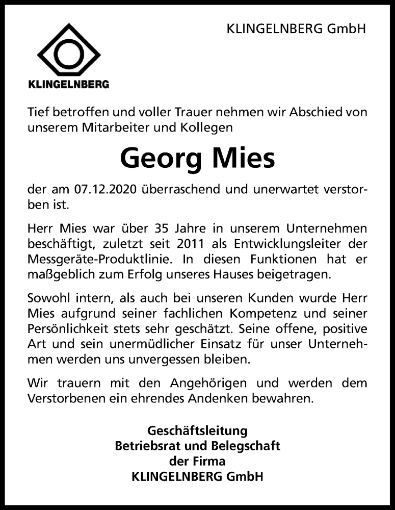  Traueranzeige für Georg Mies vom 16.12.2020 aus Kölner Stadt-Anzeiger / Kölnische Rundschau / Express
