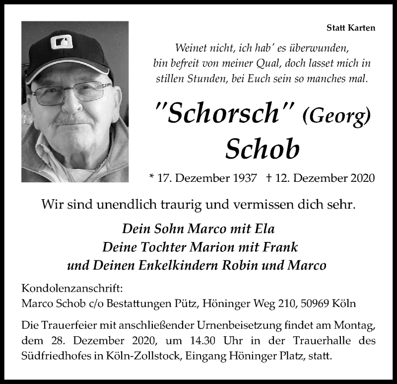  Traueranzeige für Georg Schob vom 19.12.2020 aus Kölner Stadt-Anzeiger / Kölnische Rundschau / Express
