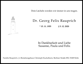 Anzeige von Georg Felix Rauprich von Kölner Stadt-Anzeiger / Kölnische Rundschau / Express