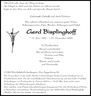 Anzeige von Gerd Bisplinghoff von Kölner Stadt-Anzeiger / Kölnische Rundschau / Express
