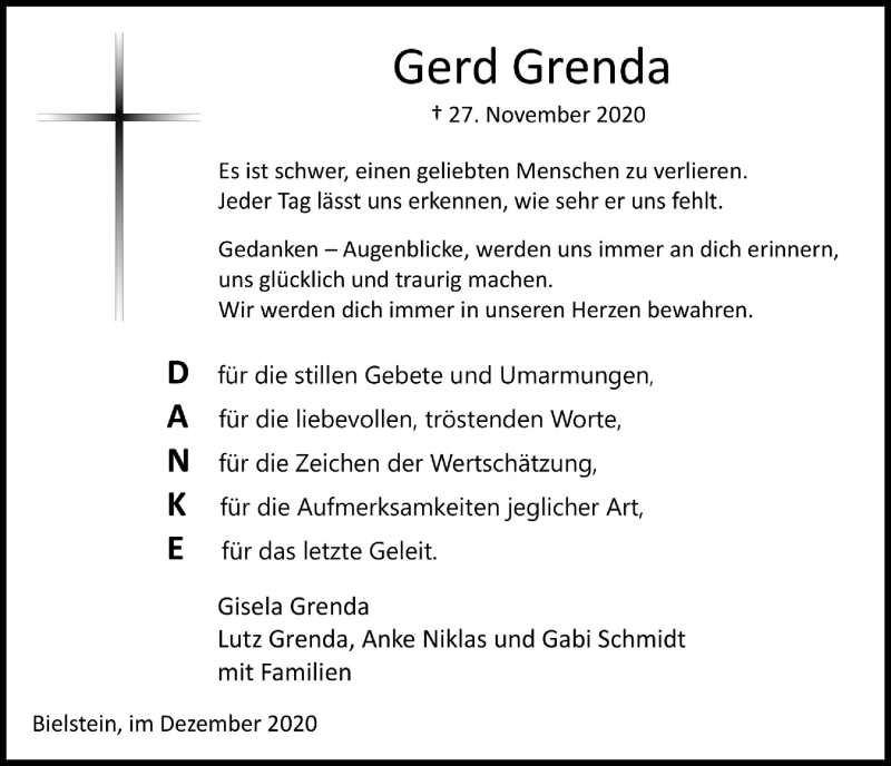  Traueranzeige für Gerd Grenda vom 18.12.2020 aus  Lokalanzeiger 