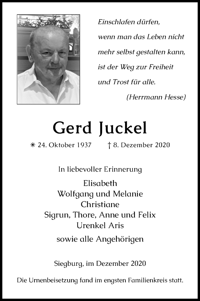  Traueranzeige für Gerd Juckel vom 30.12.2020 aus Kölner Stadt-Anzeiger / Kölnische Rundschau / Express