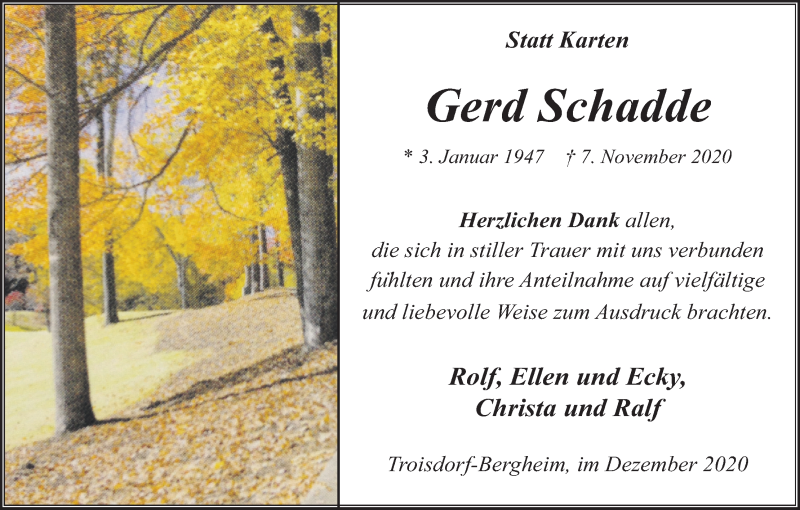 Traueranzeige für Gerd Schadde vom 12.12.2020 aus Kölner Stadt-Anzeiger / Kölnische Rundschau / Express