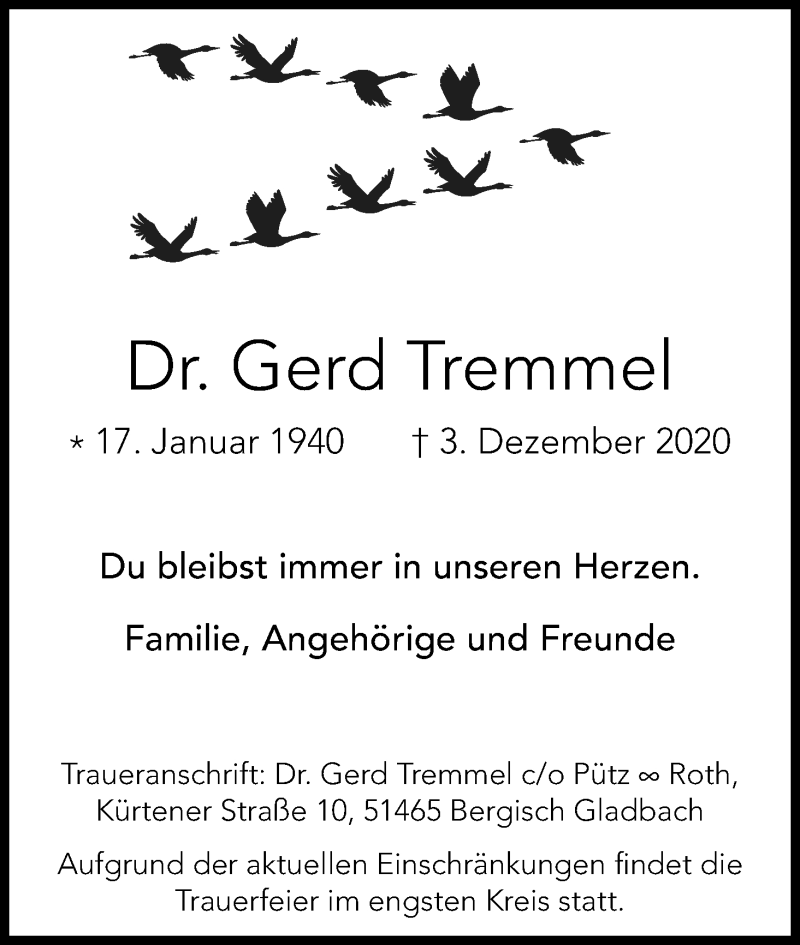  Traueranzeige für Gerd Tremmel vom 12.12.2020 aus Kölner Stadt-Anzeiger / Kölnische Rundschau / Express