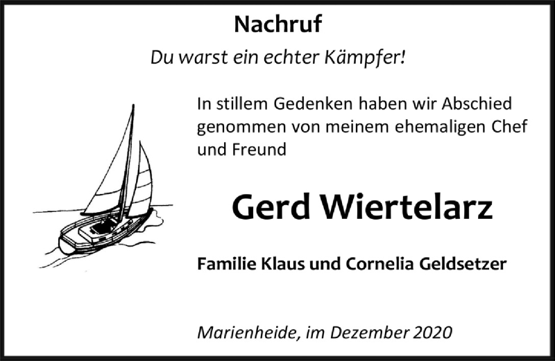  Traueranzeige für Gerd Wiertelarz vom 04.12.2020 aus  Anzeigen Echo 