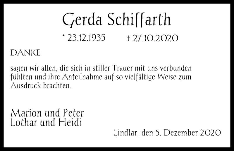  Traueranzeige für Gerda Schiffarth vom 05.12.2020 aus Kölner Stadt-Anzeiger / Kölnische Rundschau / Express