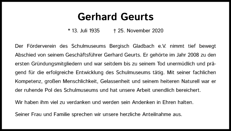  Traueranzeige für Gerhard Geurts vom 09.12.2020 aus Kölner Stadt-Anzeiger / Kölnische Rundschau / Express