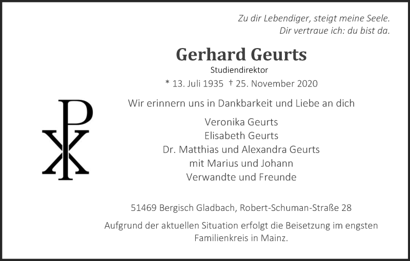  Traueranzeige für Gerhard Geurts vom 04.12.2020 aus Kölner Stadt-Anzeiger / Kölnische Rundschau / Express