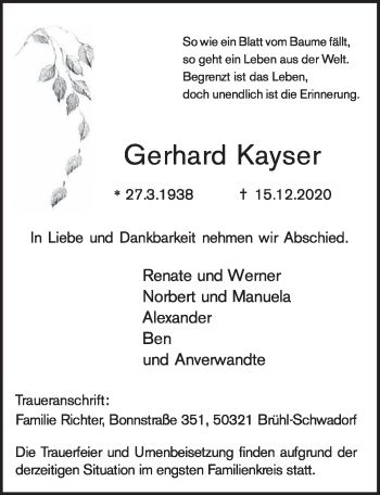 Anzeige von Gerhard Kayser von  Schaufenster/Blickpunkt  Schlossbote/Werbekurier 