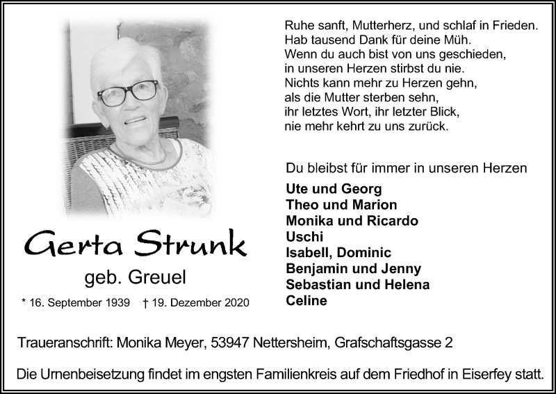  Traueranzeige für Gerta Strunk vom 31.12.2020 aus Kölner Stadt-Anzeiger / Kölnische Rundschau / Express