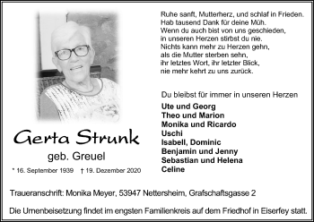 Anzeige von Gerta Strunk von Kölner Stadt-Anzeiger / Kölnische Rundschau / Express
