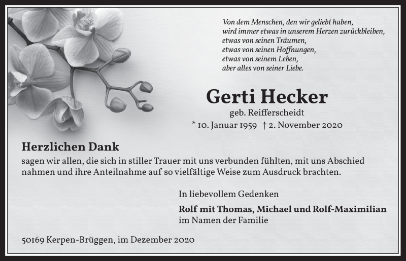 Traueranzeige für Gerti Hecker vom 18.12.2020 aus  Werbepost 