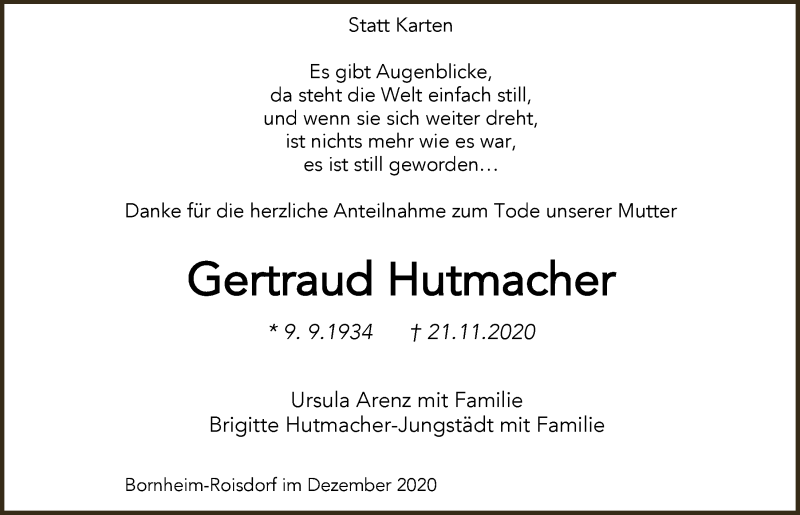  Traueranzeige für Gertraud Hutmacher vom 28.12.2020 aus  Schaufenster/Blickpunkt 