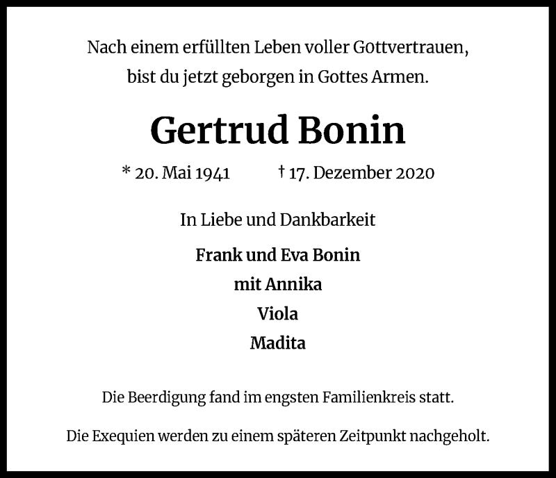  Traueranzeige für Gertrud Bonin vom 28.12.2020 aus Kölner Stadt-Anzeiger / Kölnische Rundschau / Express