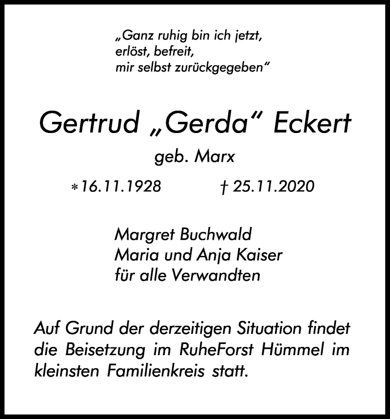  Traueranzeige für Gertrud  Eckert vom 05.12.2020 aus Kölner Stadt-Anzeiger / Kölnische Rundschau / Express