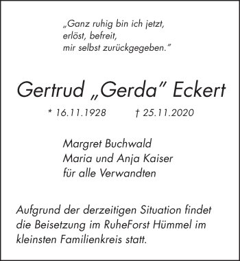 Anzeige von Gertrud  Eckert von  Schlossbote/Werbekurier 