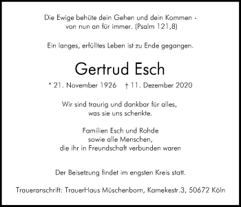Anzeige von Gertrud Esch von Kölner Stadt-Anzeiger / Kölnische Rundschau / Express