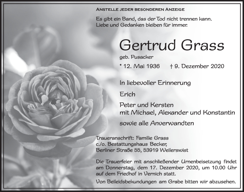  Traueranzeige für Gertrud Grass vom 12.12.2020 aus  Blickpunkt Euskirchen 