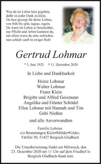 Anzeige von Gertrud Lohmar von Kölner Stadt-Anzeiger / Kölnische Rundschau / Express