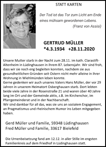 Anzeige von Gertrud Müller von  Anzeigen Echo 