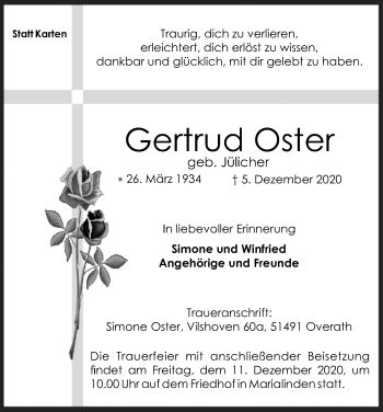 Anzeige von Gertrud Oster von Kölner Stadt-Anzeiger / Kölnische Rundschau / Express