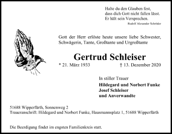 Anzeige von Gertrud Schleiser von Kölner Stadt-Anzeiger / Kölnische Rundschau / Express