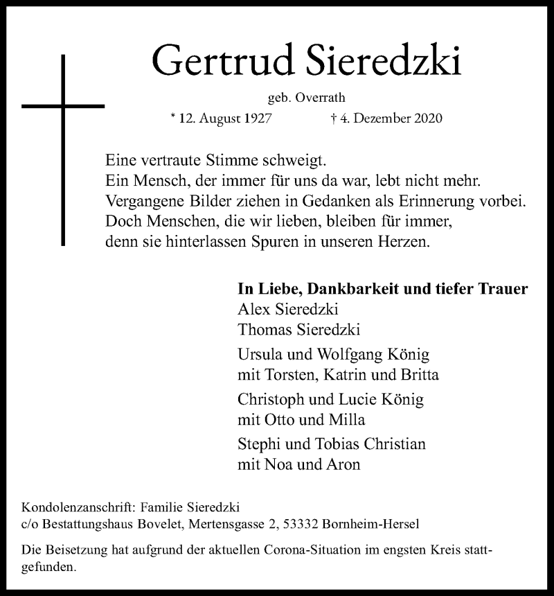  Traueranzeige für Gertrud Sieredzki vom 12.12.2020 aus Kölner Stadt-Anzeiger / Kölnische Rundschau / Express