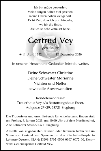 Anzeige von Gertrud Vey von Kölner Stadt-Anzeiger / Kölnische Rundschau / Express
