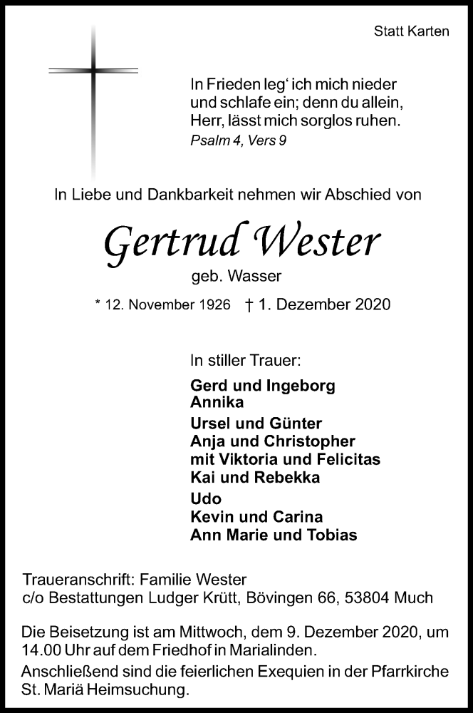  Traueranzeige für Gertrud Wester vom 05.12.2020 aus Kölner Stadt-Anzeiger / Kölnische Rundschau / Express