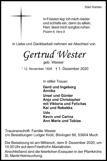 Anzeige von Gertrud Wester von Kölner Stadt-Anzeiger / Kölnische Rundschau / Express