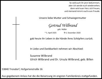 Anzeige von Gertrud Wilbrand von Kölner Stadt-Anzeiger / Kölnische Rundschau / Express
