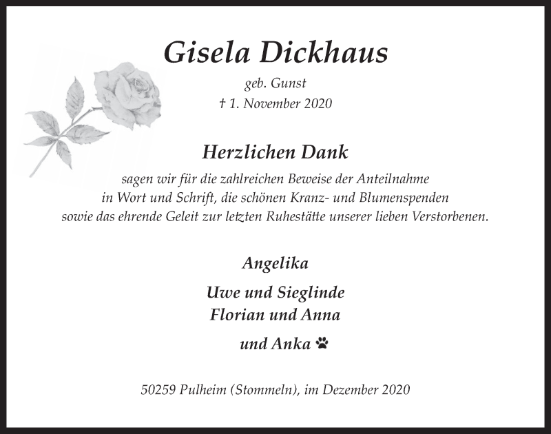  Traueranzeige für Gisela Dickhaus vom 04.12.2020 aus  Wochenende 